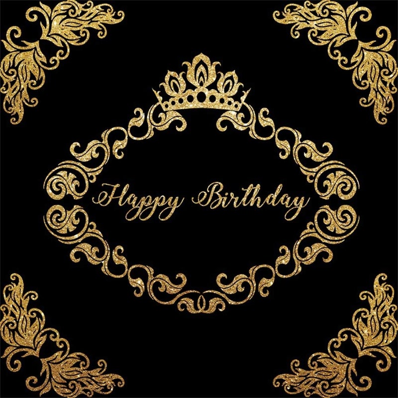 LFEEY 8x8ft Father Mother Birthday Party Backdrop for Photos Black Background Gold Crown Flower Pattern Adutls 30th 40th 50th Birthday Parties Photo Booth Props - Image 4